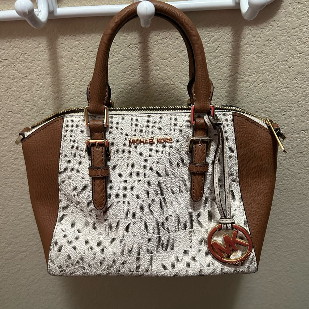 SOLD - Michael Kors Brown and Vanilla Logo Satchel with Gold Hardware
